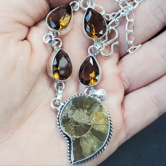 New Ammonite Fossil and Smoky Topaz 925 Silver Necklace. - Picture 10 of 15